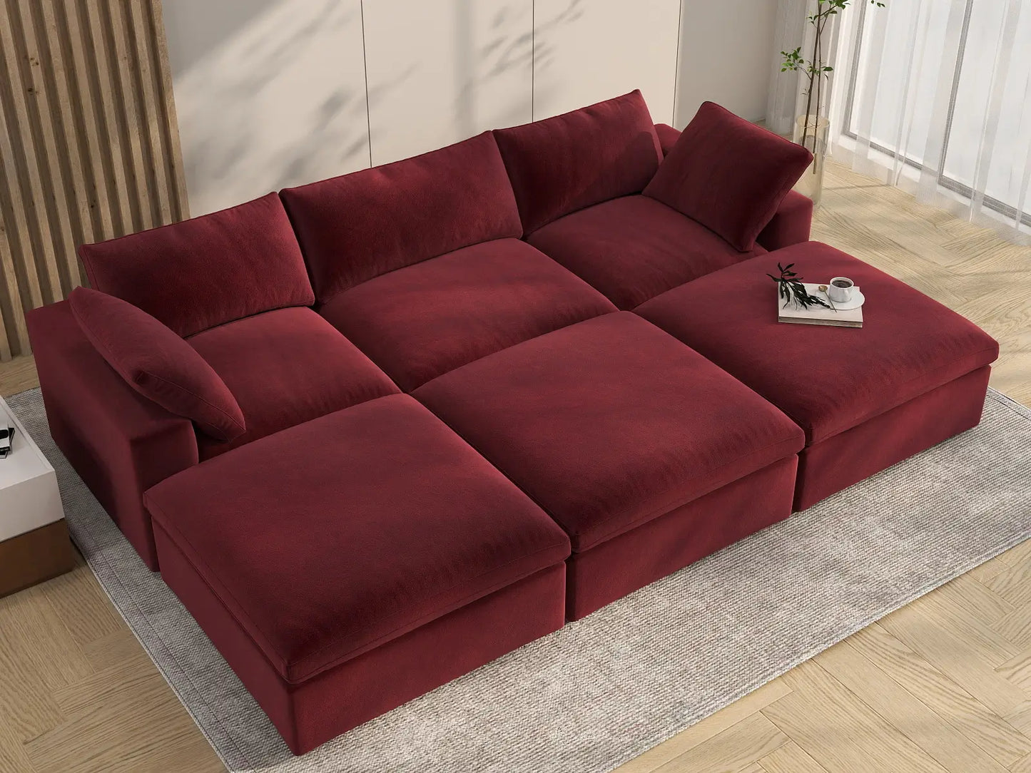 Deluxe Cloud 3-Seater Pit Sectional in Claret Velvet | 6-Piece (Includes 3 Ottomans), Family Room Seating, Easy To Clean, Modular Design