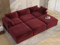 Deluxe Cloud 3-Seater Pit Sectional in Claret Velvet | 6-Piece (Includes 3 Ottomans), Family Room Seating, Easy To Clean, Modular Design
