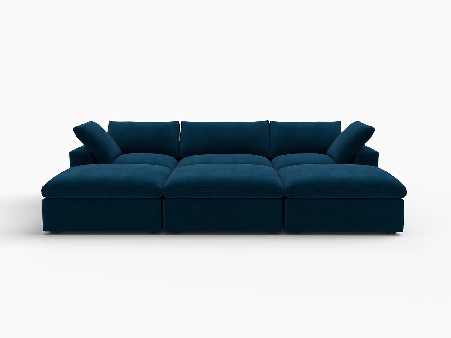 Deluxe Cloud 3-Seater Pit Sectional in Dark Blue Velvet | 6-Piece (Includes 3 Ottomans), Family Room Seating, Easy To Clean, Large Space