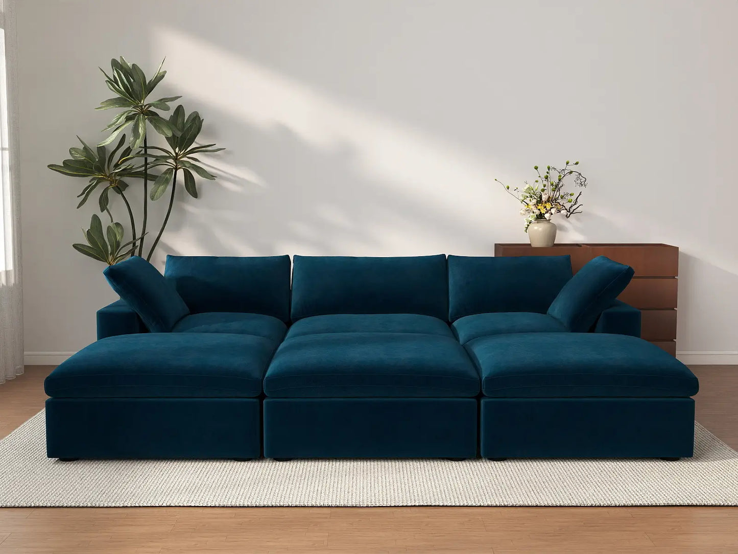 Deluxe Cloud 3-Seater Pit Sectional in Dark Blue Velvet | 6-Piece (Includes 3 Ottomans), Family Room Seating, Easy To Clean, Large Space