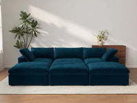 Deluxe Cloud 3-Seater Pit Sectional in Dark Blue Velvet | 6-Piece (Includes 3 Ottomans), Family Room Seating, Easy To Clean, Large Space