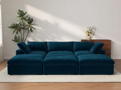Deluxe Cloud 3-Seater Pit Sectional in Dark Blue Velvet | 6-Piece (Includes 3 Ottomans), Family Room Seating, Easy To Clean, Large Space
