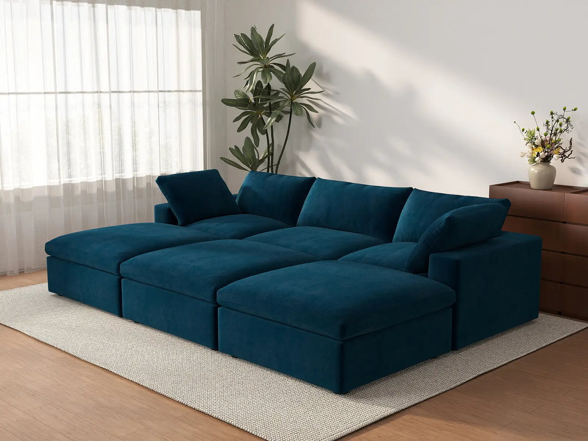Deluxe Cloud 3-Seater Pit Sectional in Dark Blue Velvet | 6-Piece (Includes 3 Ottomans), Family Room Seating, Easy To Clean, Large Space