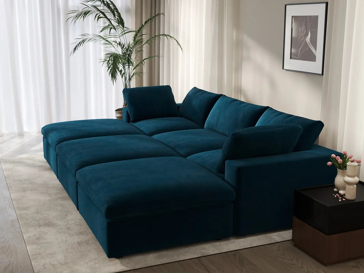 Deluxe Cloud 3-Seater Pit Sectional in Dark Blue Velvet | 6-Piece (Includes 3 Ottomans), Family Room Seating, Easy To Clean, Large Space