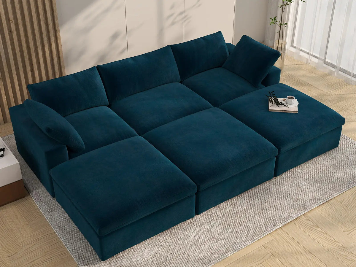 Deluxe Cloud 3-Seater Pit Sectional in Dark Blue Velvet | 6-Piece (Includes 3 Ottomans), Family Room Seating, Easy To Clean, Large Space