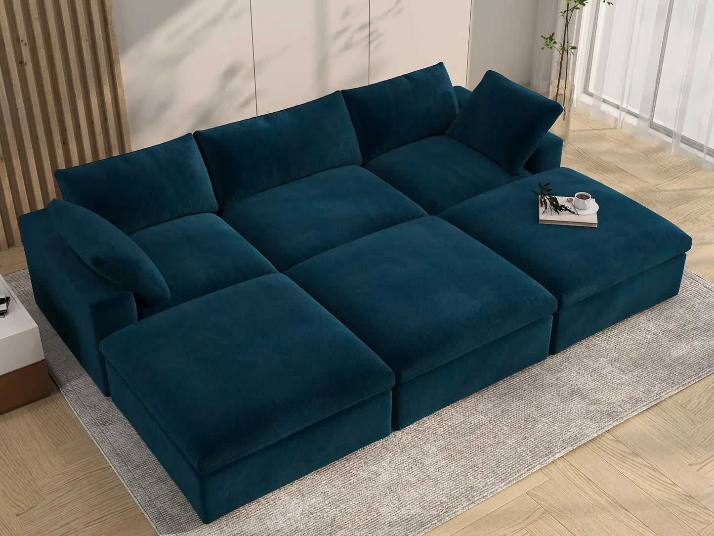 Deluxe Cloud 3-Seater Pit Sectional in Dark Blue Velvet | 6-Piece (Includes 3 Ottomans), Family Room Seating, Easy To Clean, Large Space