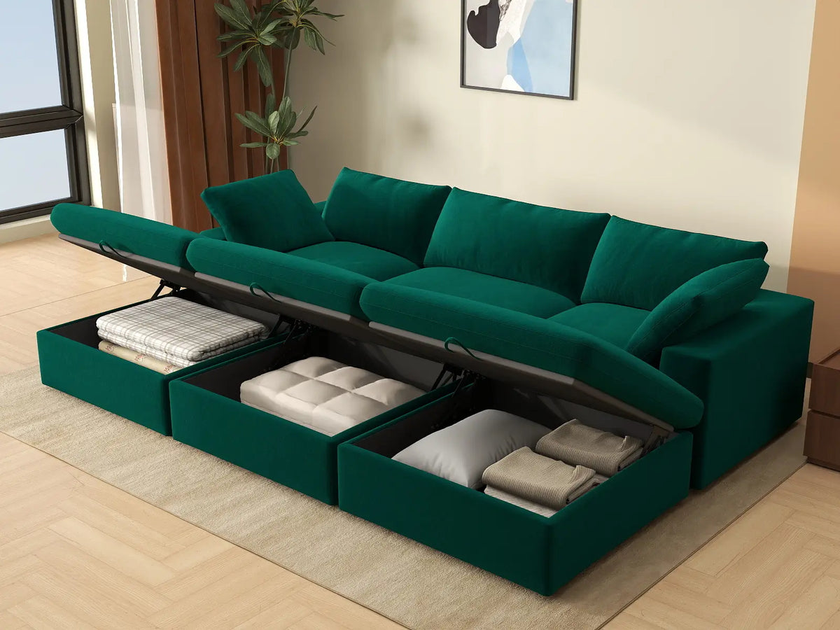 Deluxe Cloud 3-Seater Pit Sectional in Gem Green Velvet | 6-Piece (Includes 3 Ottomans), Family Room Seating, Easy To Clean, Contemporary Style