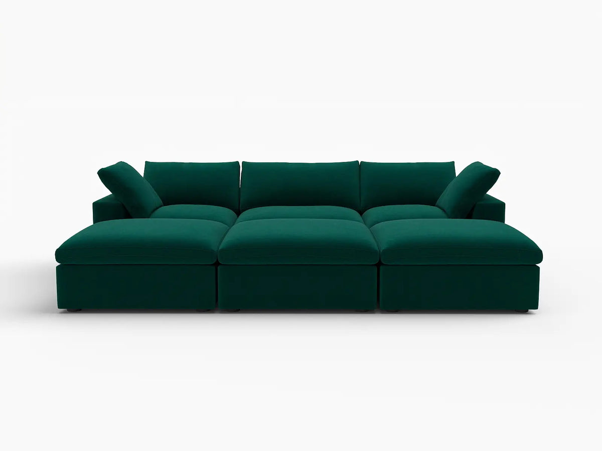 Deluxe Cloud 3-Seater Pit Sectional in Gem Green Velvet | 6-Piece (Includes 3 Ottomans), Family Room Seating, Easy To Clean, Contemporary Style