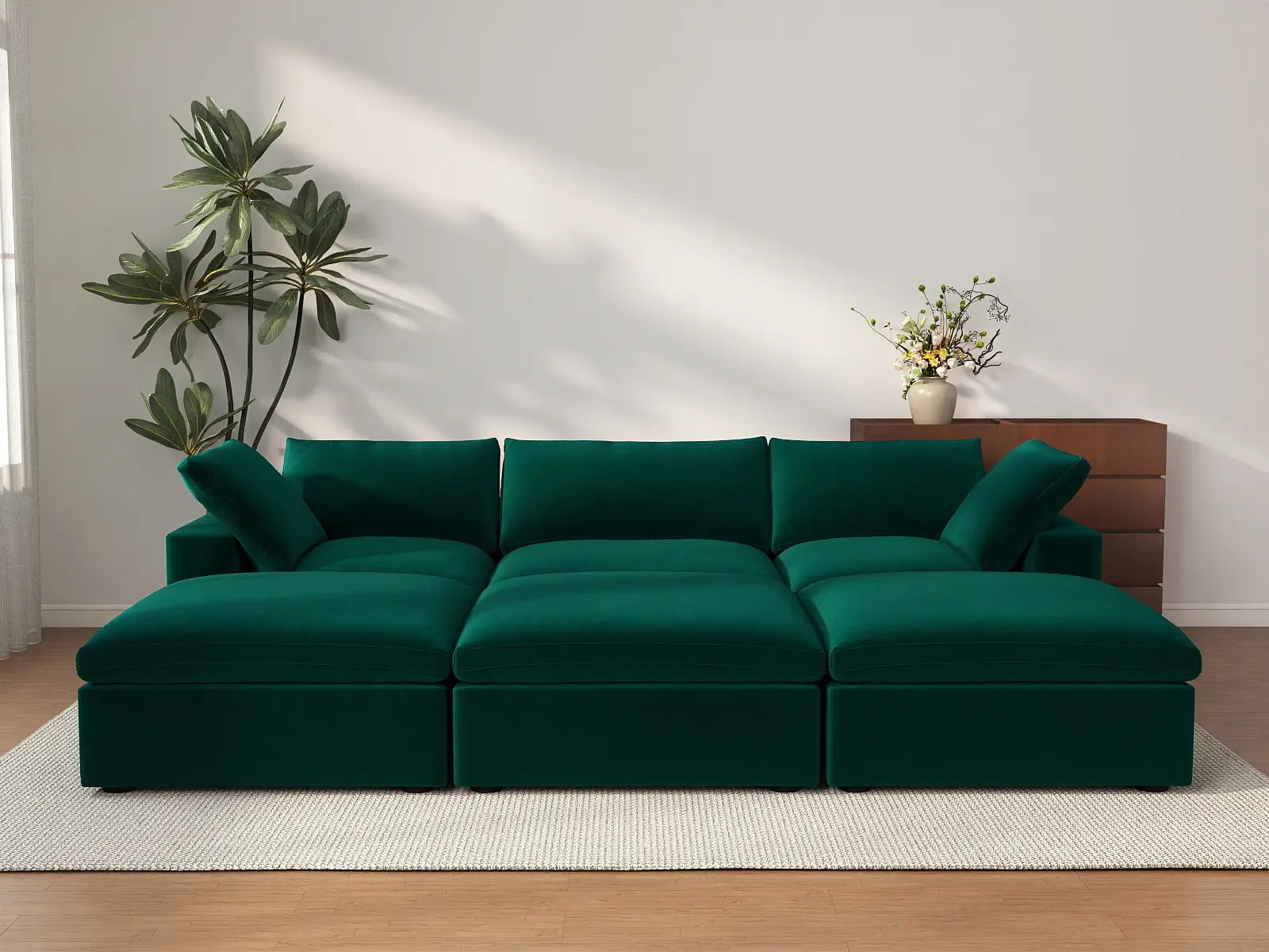 Deluxe Cloud 3-Seater Pit Sectional in Gem Green Velvet | 6-Piece (Includes 3 Ottomans), Family Room Seating, Easy To Clean, Contemporary Style