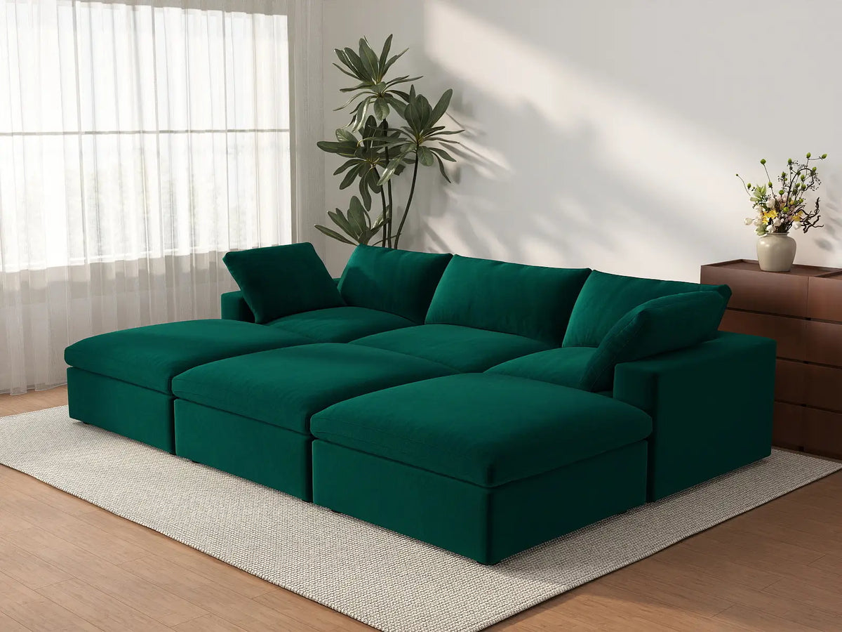 Deluxe Cloud 3-Seater Pit Sectional in Gem Green Velvet | 6-Piece (Includes 3 Ottomans), Family Room Seating, Easy To Clean, Contemporary Style