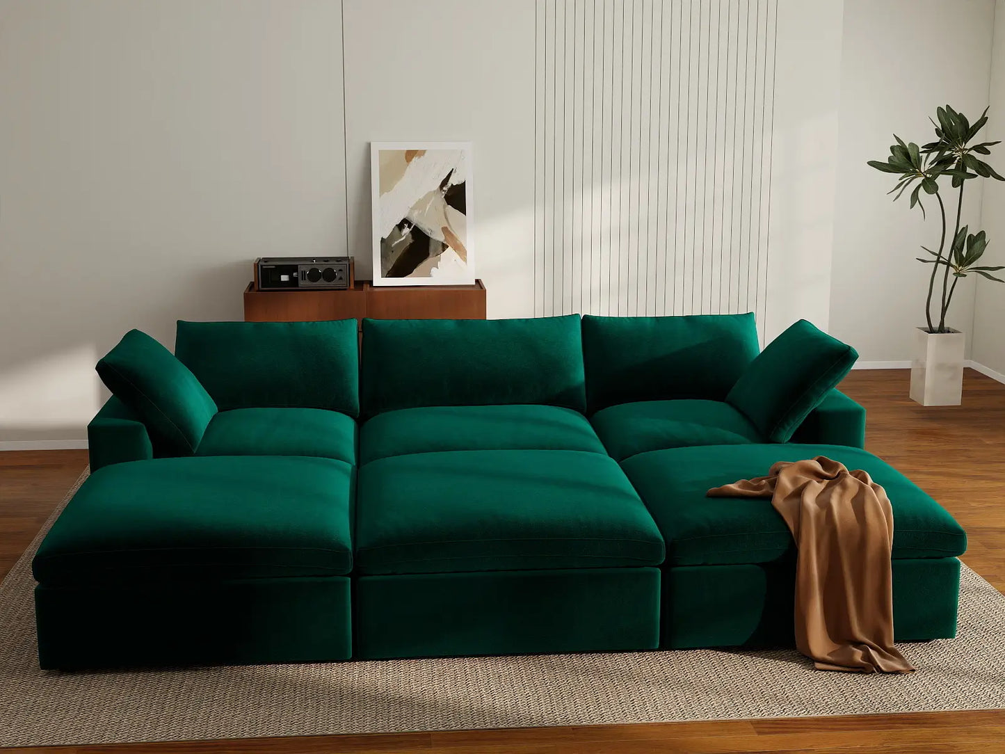 Deluxe Cloud 3-Seater Pit Sectional in Gem Green Velvet | 6-Piece (Includes 3 Ottomans), Family Room Seating, Easy To Clean, Contemporary Style