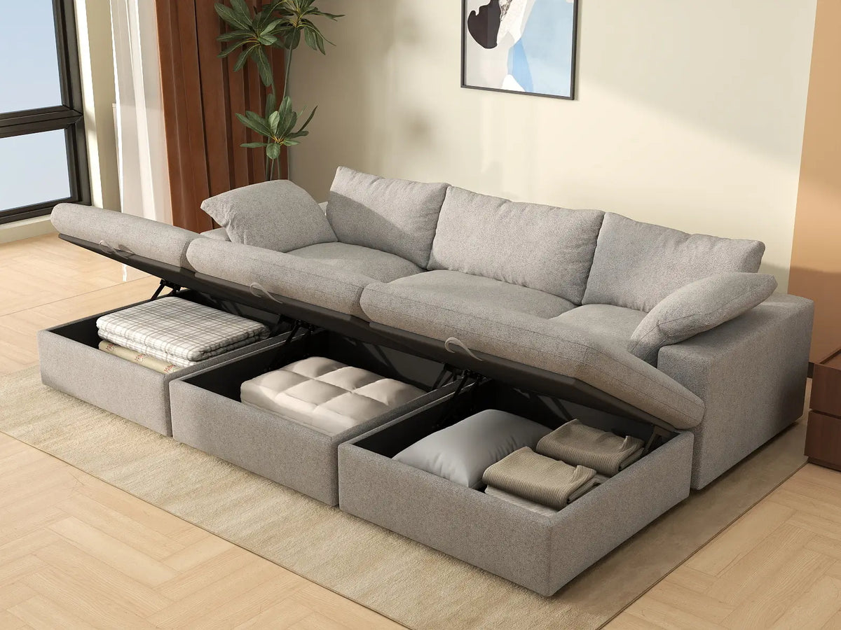 Deluxe Cloud 3-Seater Pit Sectional in Light-Grey Cotton And Linen | 6-Piece (Includes 3 Ottomans), Family Room Seating, Easy To Clean, Modular Design