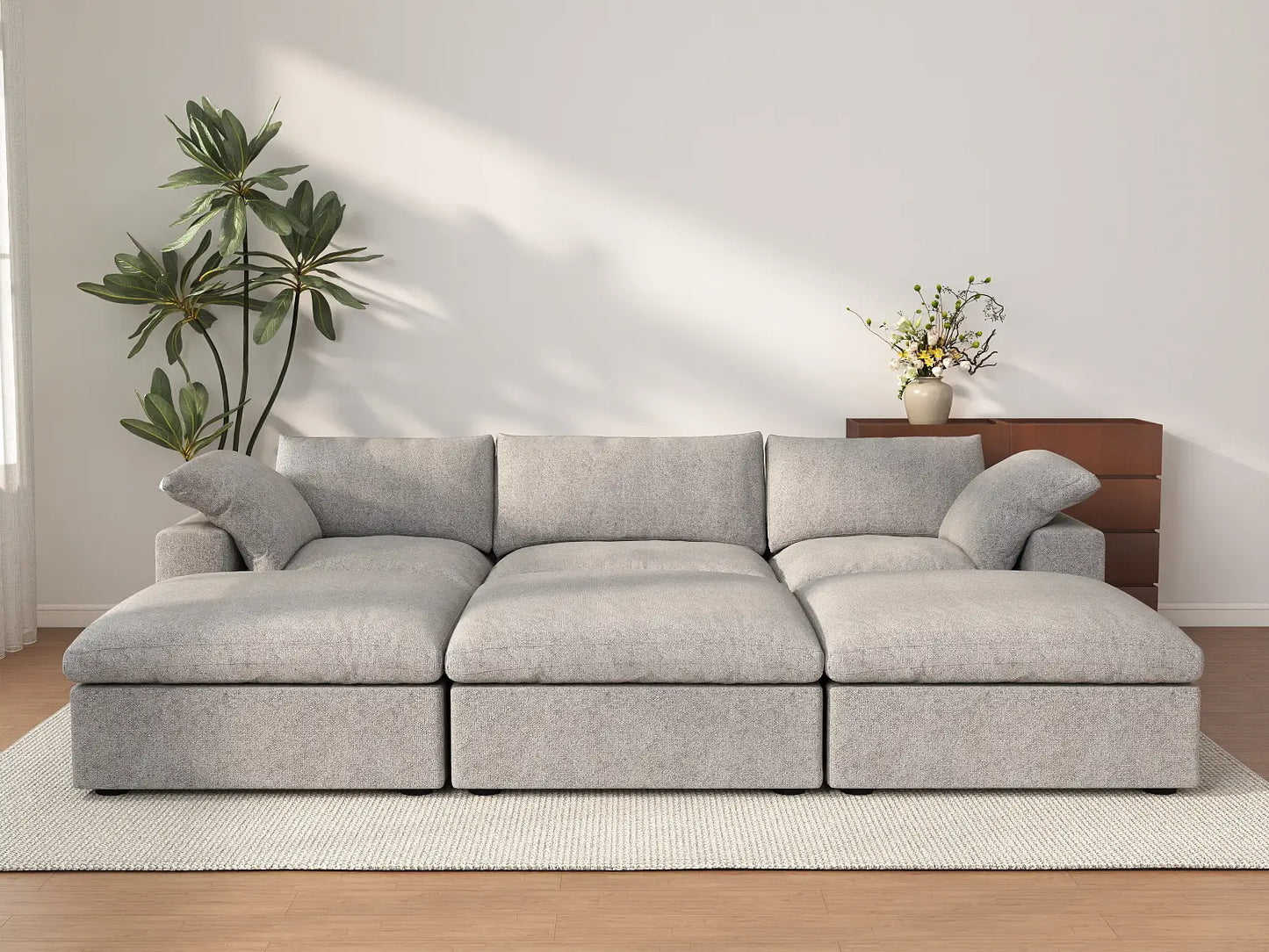 Deluxe Cloud 3-Seater Pit Sectional in Light-Grey Cotton And Linen | 6-Piece (Includes 3 Ottomans), Family Room Seating, Easy To Clean, Modular Design
