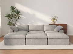Deluxe Cloud 3-Seater Pit Sectional in Light-Grey Cotton And Linen | 6-Piece (Includes 3 Ottomans), Family Room Seating, Easy To Clean, Modular Design