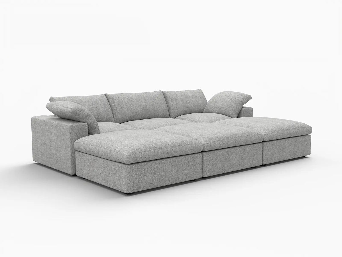 Deluxe Cloud 3-Seater Pit Sectional in Light-Grey Cotton And Linen | 6-Piece (Includes 3 Ottomans), Family Room Seating, Easy To Clean, Modular Design