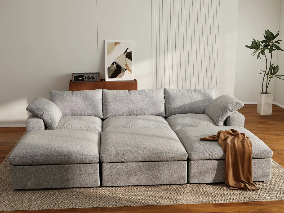 Deluxe Cloud 3-Seater Pit Sectional in Light-Grey Cotton And Linen | 6-Piece (Includes 3 Ottomans), Family Room Seating, Easy To Clean, Modular Design