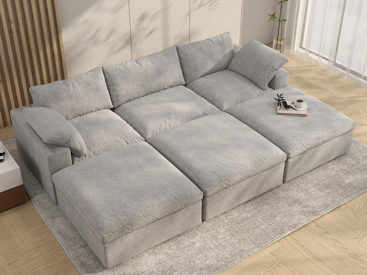 Deluxe Cloud 3-Seater Pit Sectional in Light-Grey Cotton And Linen | 6-Piece (Includes 3 Ottomans), Family Room Seating, Easy To Clean, Modular Design