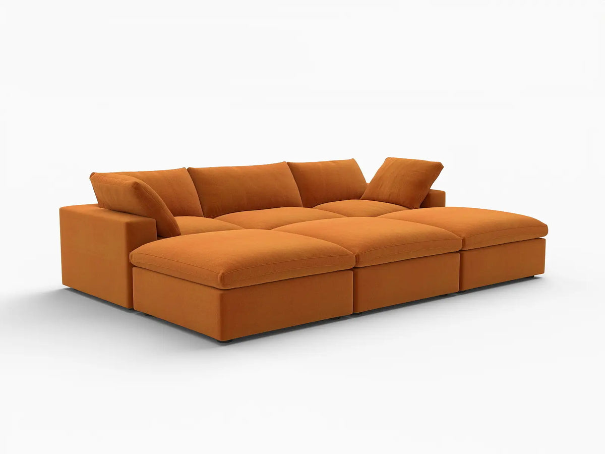Deluxe Cloud 3-Seater Pit Sectional in Terracotta Velvet | 6-Piece (Includes 3 Ottomans), Family Room Seating, Easy To Clean, Stylish Design