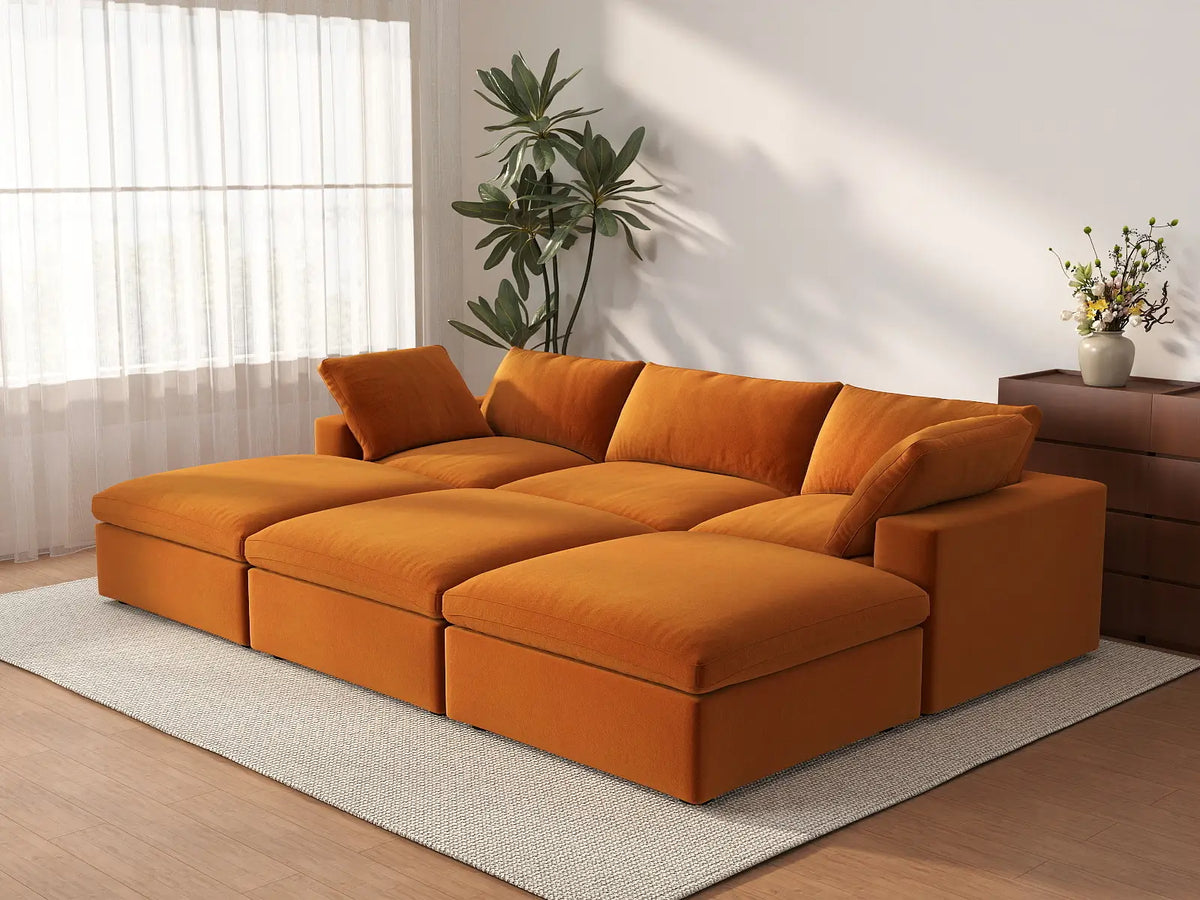 Deluxe Cloud 3-Seater Pit Sectional in Terracotta Velvet | 6-Piece (Includes 3 Ottomans), Family Room Seating, Easy To Clean, Stylish Design