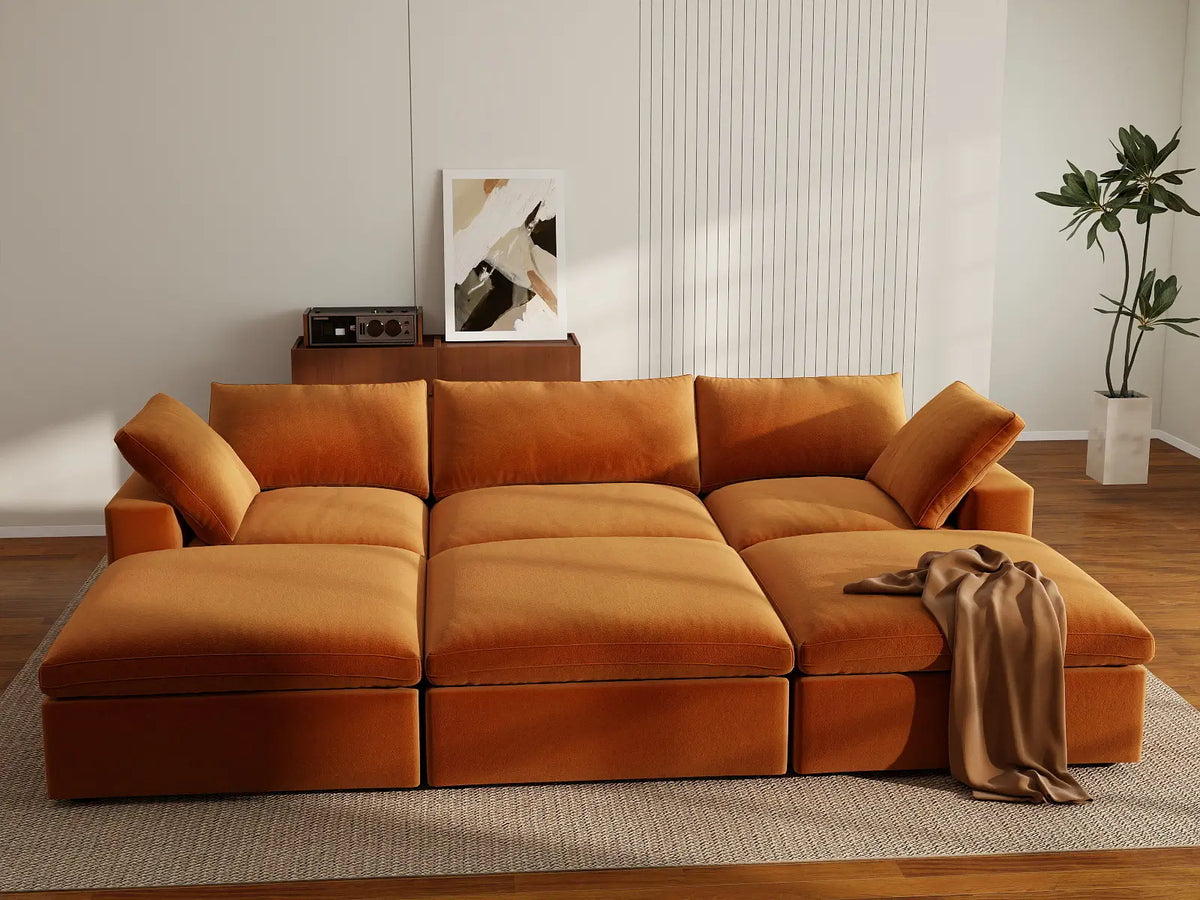 Deluxe Cloud 3-Seater Pit Sectional in Terracotta Velvet | 6-Piece (Includes 3 Ottomans), Family Room Seating, Easy To Clean, Stylish Design