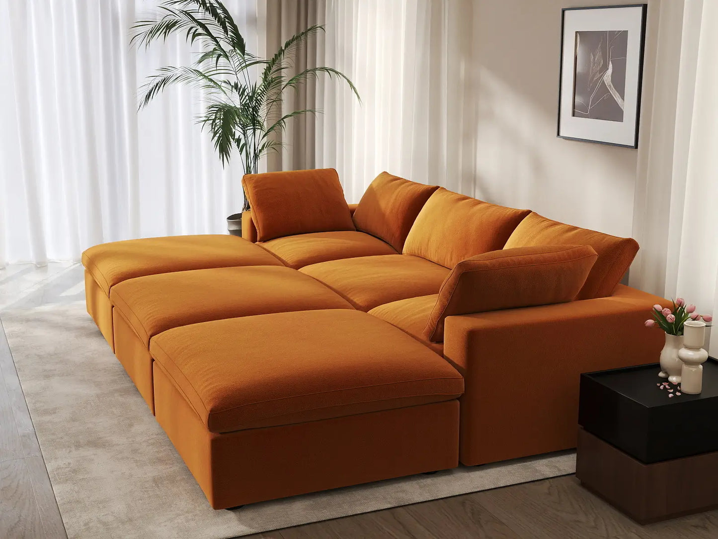 Deluxe Cloud 3-Seater Pit Sectional in Terracotta Velvet | 6-Piece (Includes 3 Ottomans), Family Room Seating, Easy To Clean, Stylish Design