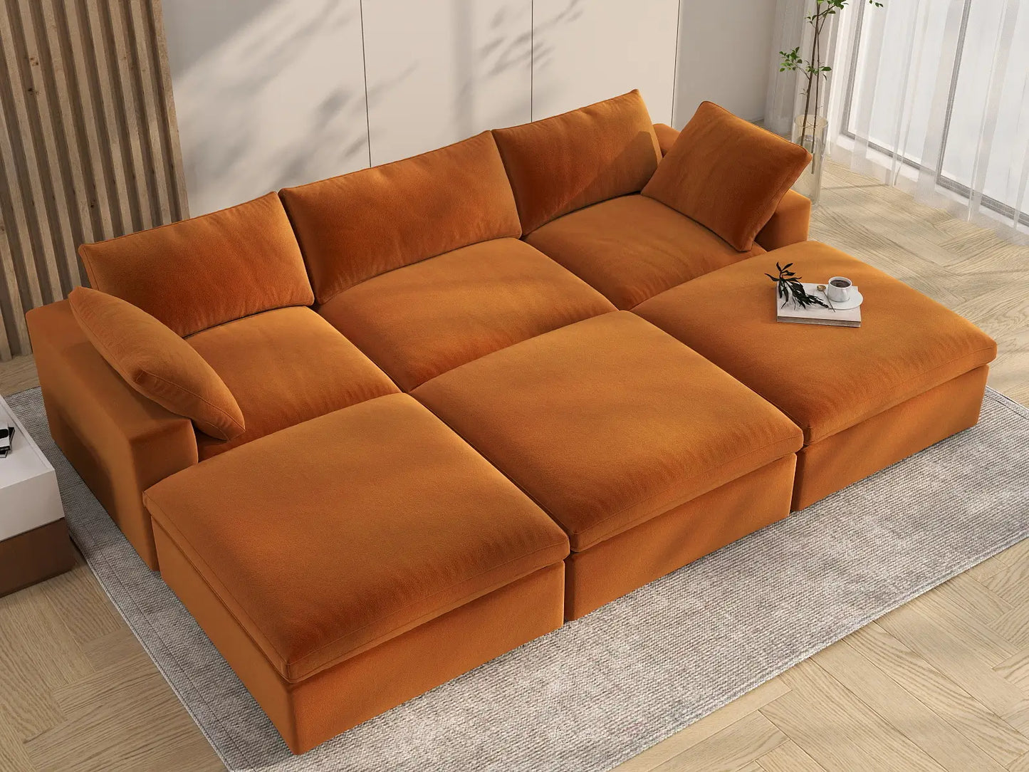 Deluxe Cloud 3-Seater Pit Sectional in Terracotta Velvet | 6-Piece (Includes 3 Ottomans), Family Room Seating, Easy To Clean, Stylish Design