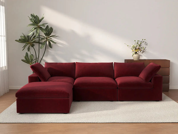 Deluxe Cloud 3-Seater Sofa Set in Claret Velvet | 4-Piece (Includes 1 Ottoman), Easy To Clean, Contemporary Style