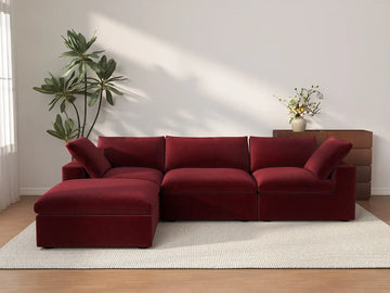 Deluxe Cloud 3-Seater Sofa Set in Claret Velvet | 4-Piece (Includes 1 Ottoman), Easy To Clean, Contemporary Style