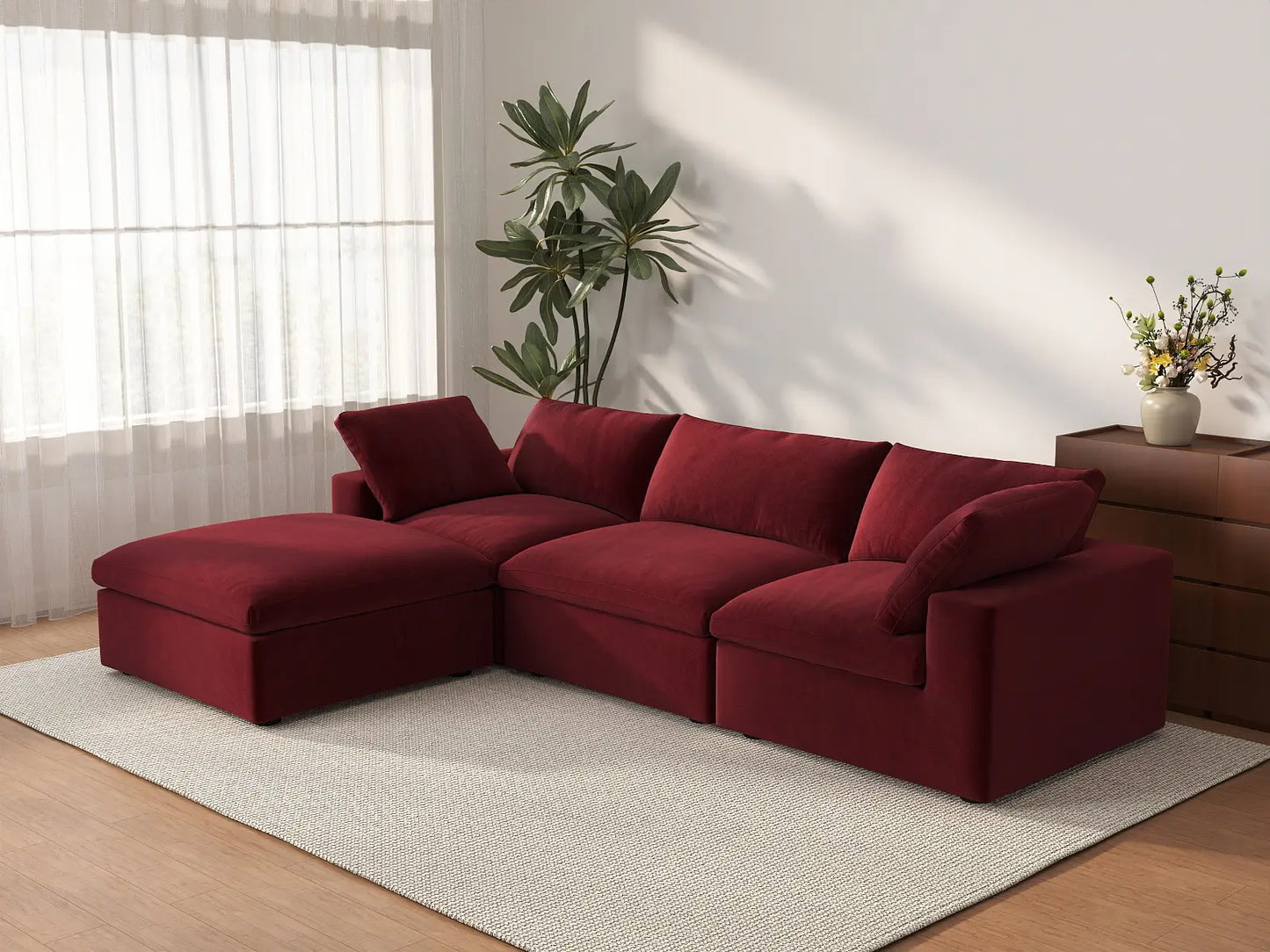 Deluxe Cloud 3-Seater Sofa Set in Claret Velvet | 4-Piece (Includes 1 Ottoman), Easy To Clean, Contemporary Style