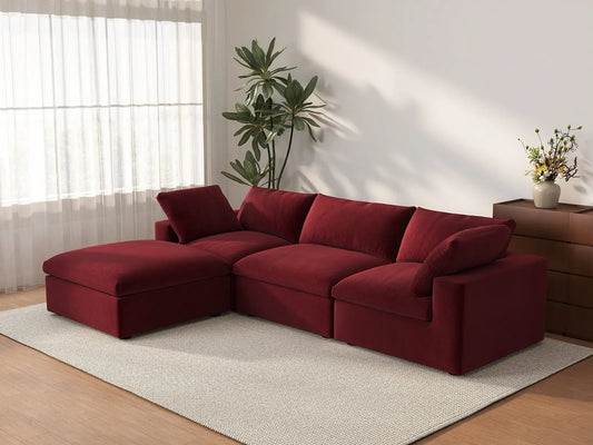 Deluxe Cloud 3-Seater Sofa Set in Claret Velvet | 4-Piece (Includes 1 Ottoman), Easy To Clean, Contemporary Style