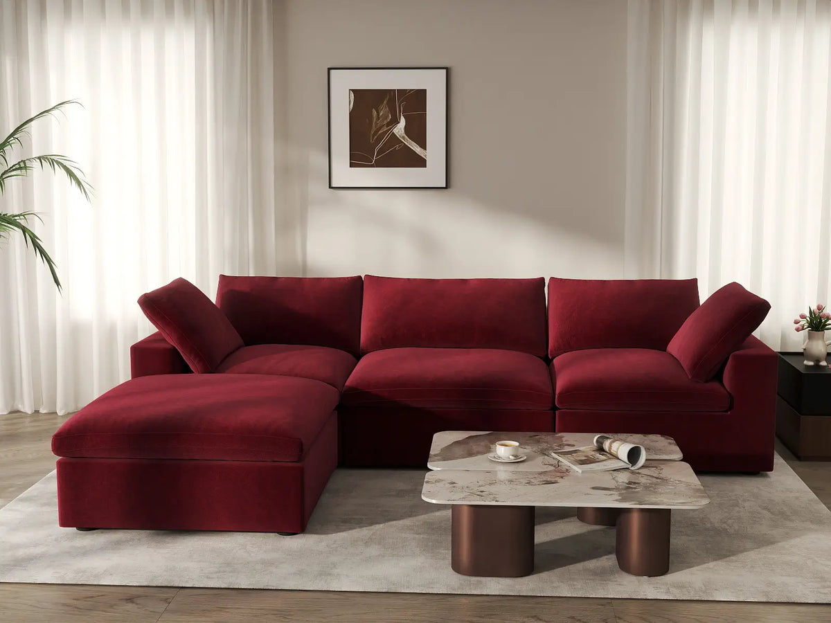 Deluxe Cloud 3-Seater Sofa Set in Claret Velvet | 4-Piece (Includes 1 Ottoman), Easy To Clean, Contemporary Style
