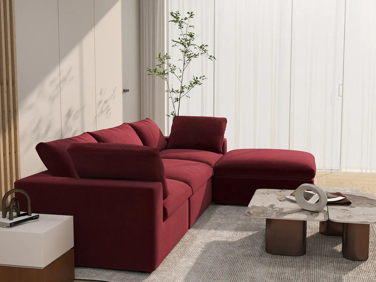 Deluxe Cloud 3-Seater Sofa Set in Claret Velvet | 4-Piece (Includes 1 Ottoman), Easy To Clean, Contemporary Style