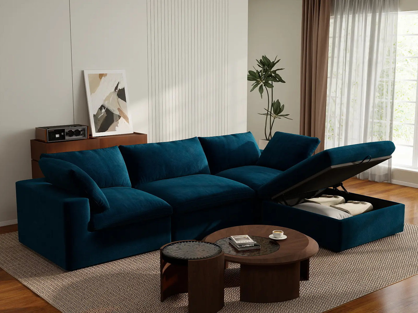 Deluxe Cloud 3-Seater Sofa Set in Dark Blue Velvet | 4-Piece (Includes 1 Ottoman), Easy To Clean, Modern Style