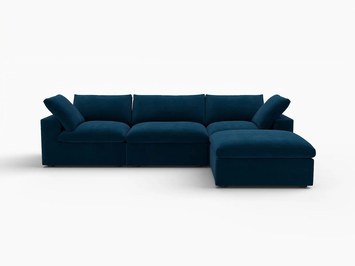 Deluxe Cloud 3-Seater Sofa Set in Dark Blue Velvet | 4-Piece (Includes 1 Ottoman), Easy To Clean, Modern Style