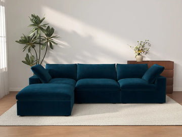 Deluxe Cloud 3-Seater Sofa Set in Dark Blue Velvet | 4-Piece (Includes 1 Ottoman), Easy To Clean, Modern Style