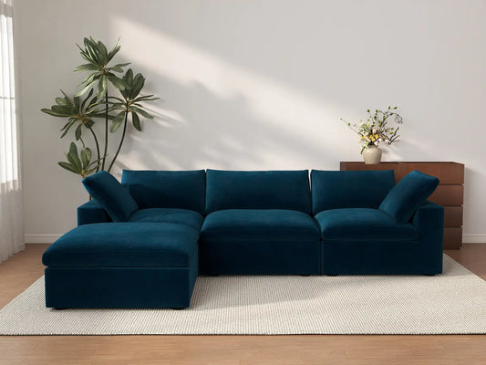 Deluxe Cloud 3-Seater Sofa Set in Dark Blue Velvet | 4-Piece (Includes 1 Ottoman), Easy To Clean, Modern Style