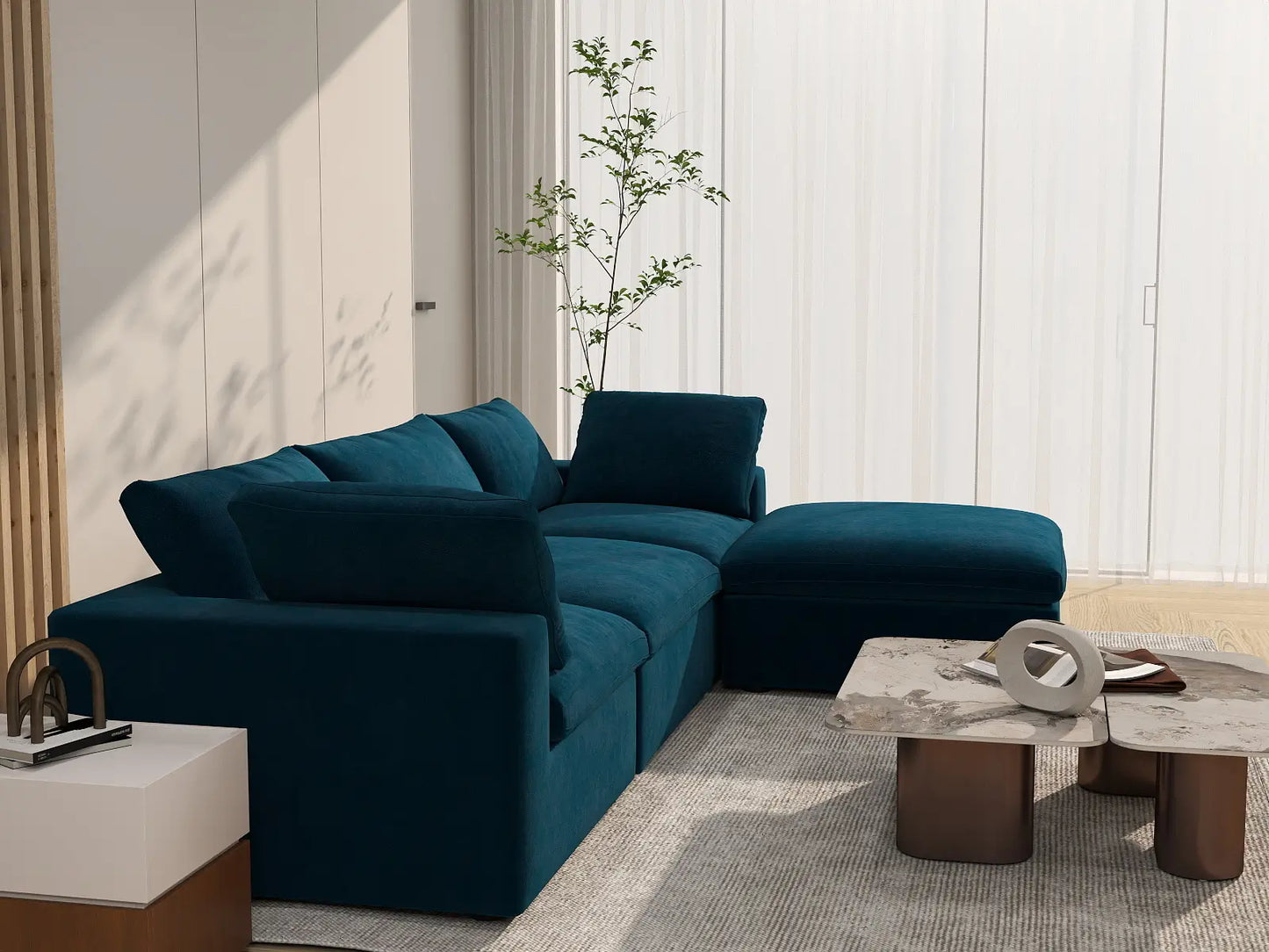 Deluxe Cloud 3-Seater Sofa Set in Dark Blue Velvet | 4-Piece (Includes 1 Ottoman), Easy To Clean, Modern Style