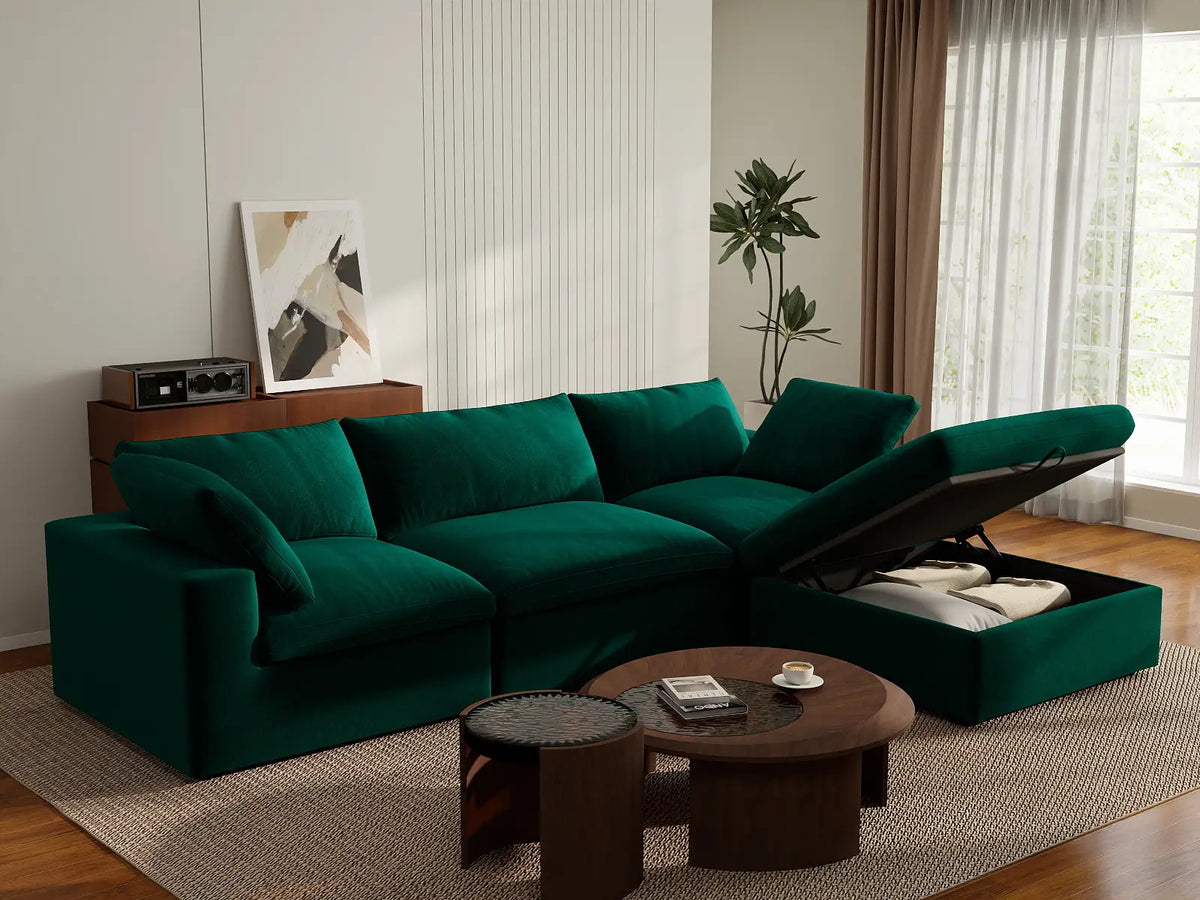 Deluxe Cloud 3-Seater Sofa Set in Gem Green Velvet | 4-Piece (Includes 1 Ottoman), Easy To Clean, Large Space