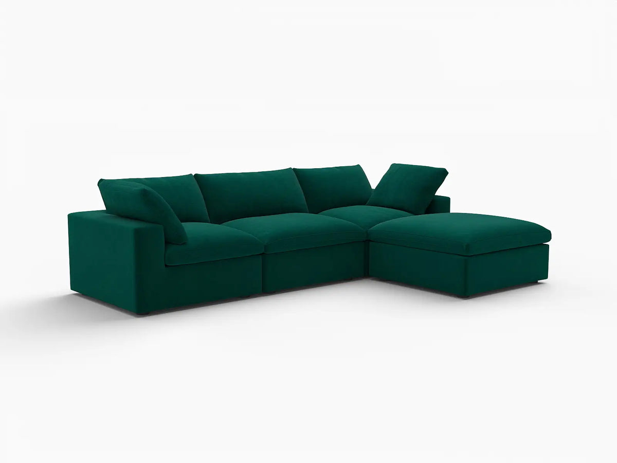Deluxe Cloud 3-Seater Sofa Set in Gem Green Velvet | 4-Piece (Includes 1 Ottoman), Easy To Clean, Large Space