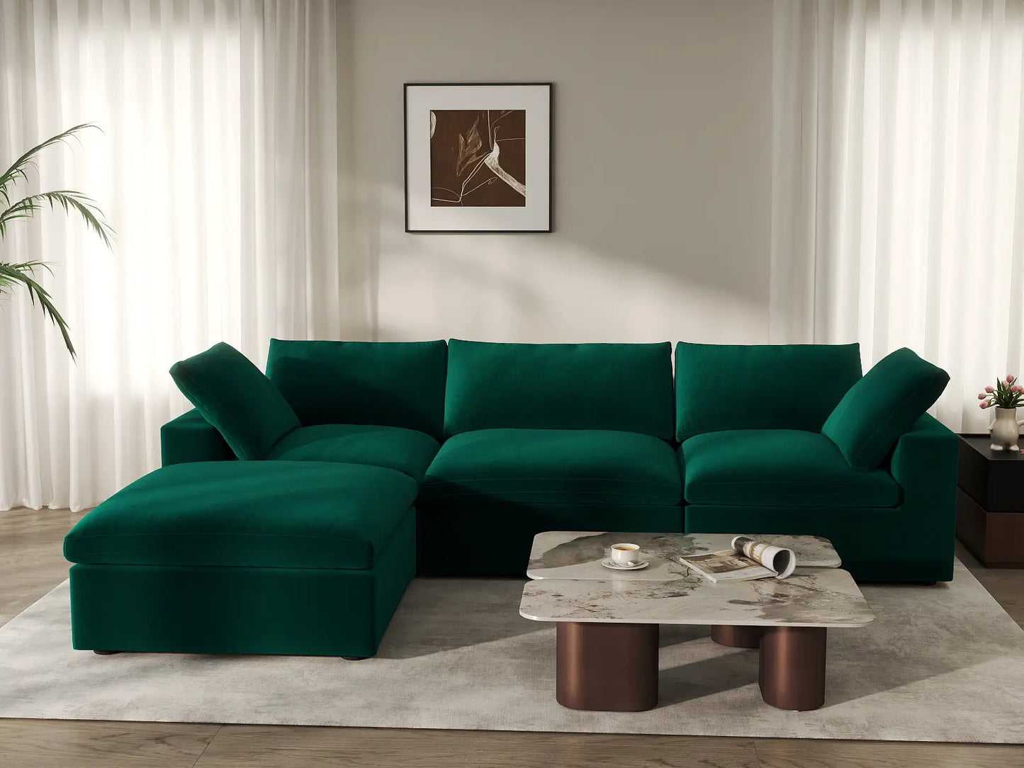 Deluxe Cloud 3-Seater Sofa Set in Gem Green Velvet | 4-Piece (Includes 1 Ottoman), Easy To Clean, Large Space