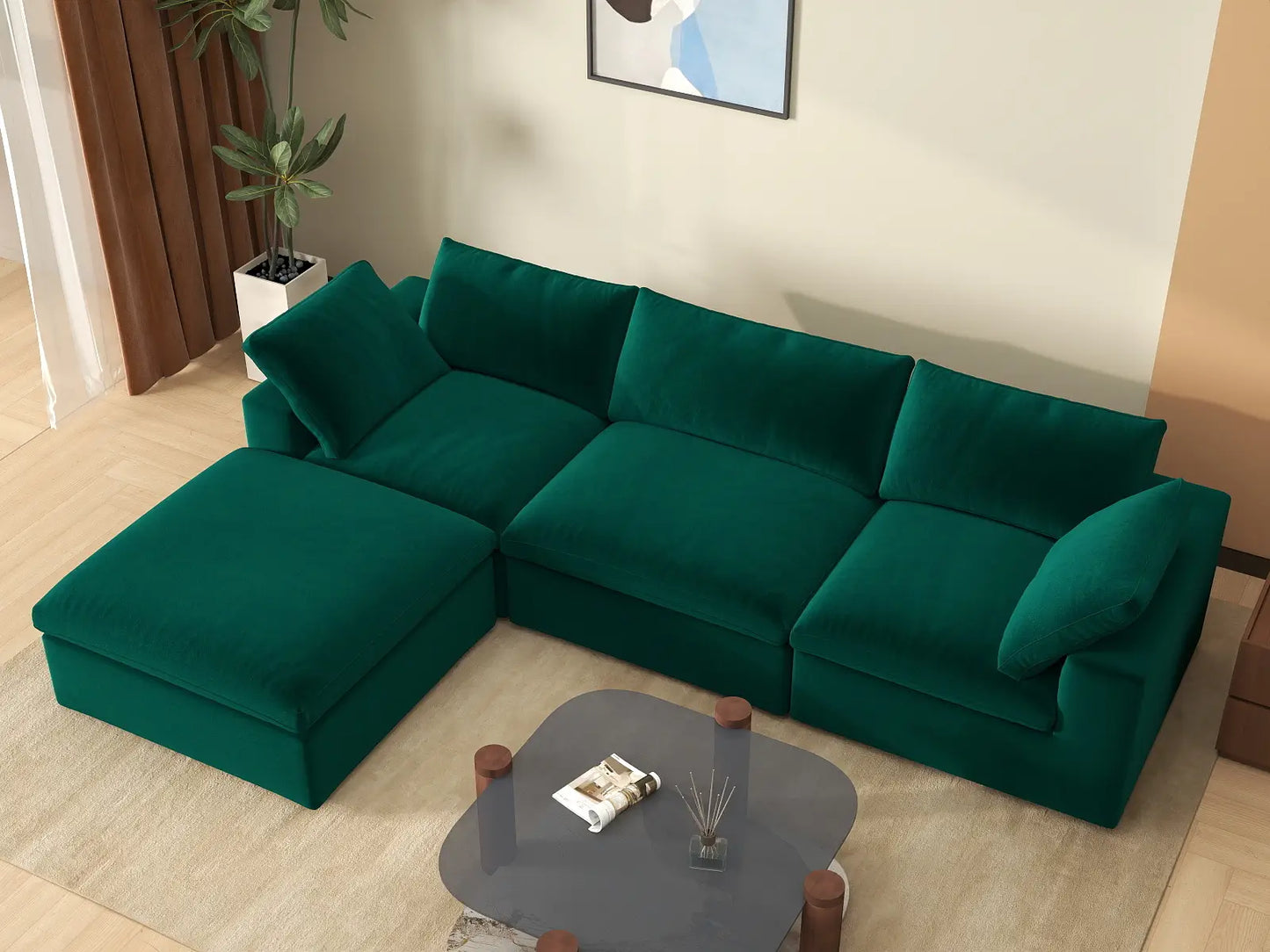 Deluxe Cloud 3-Seater Sofa Set in Gem Green Velvet | 4-Piece (Includes 1 Ottoman), Easy To Clean, Large Space