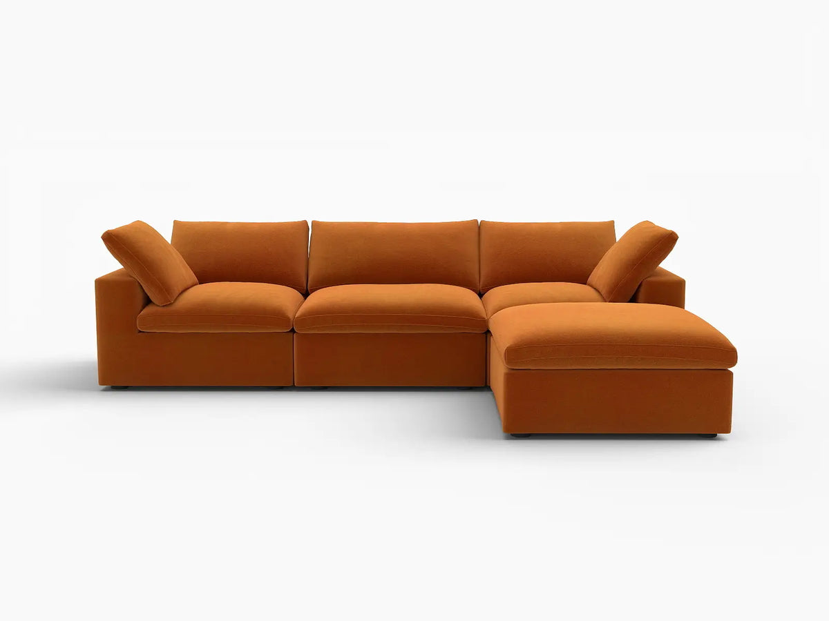 Deluxe Cloud 3-Seater Sofa Set in Terracotta Velvet | 4-Piece (Includes 1 Ottoman), Easy To Clean, Modular Design