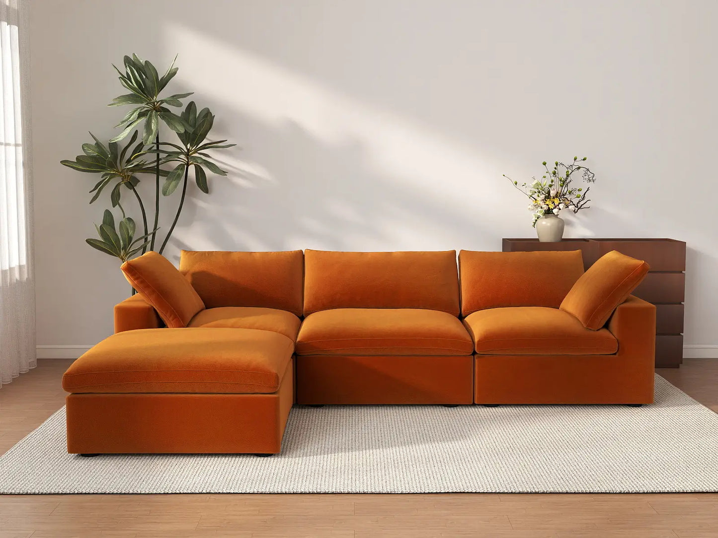 Deluxe Cloud 3-Seater Sofa Set in Terracotta Velvet | 4-Piece (Includes 1 Ottoman), Easy To Clean, Modular Design