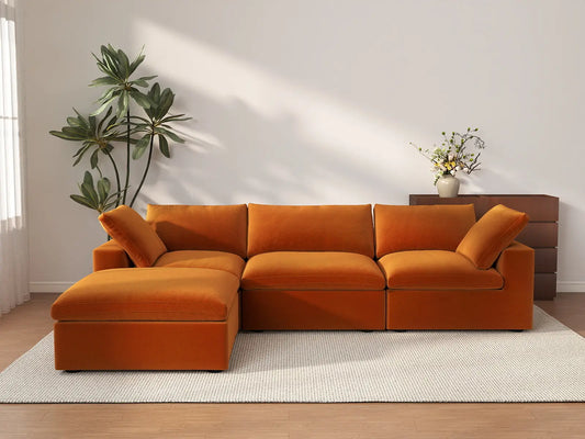 Deluxe Cloud 3-Seater Sofa Set in Terracotta Velvet | 4-Piece (Includes 1 Ottoman), Easy To Clean, Modular Design