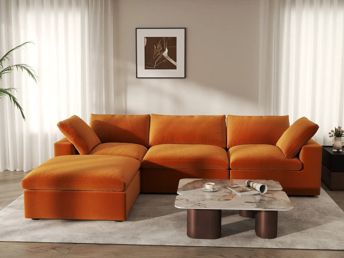 Deluxe Cloud 3-Seater Sofa Set in Terracotta Velvet | 4-Piece (Includes 1 Ottoman), Easy To Clean, Modular Design
