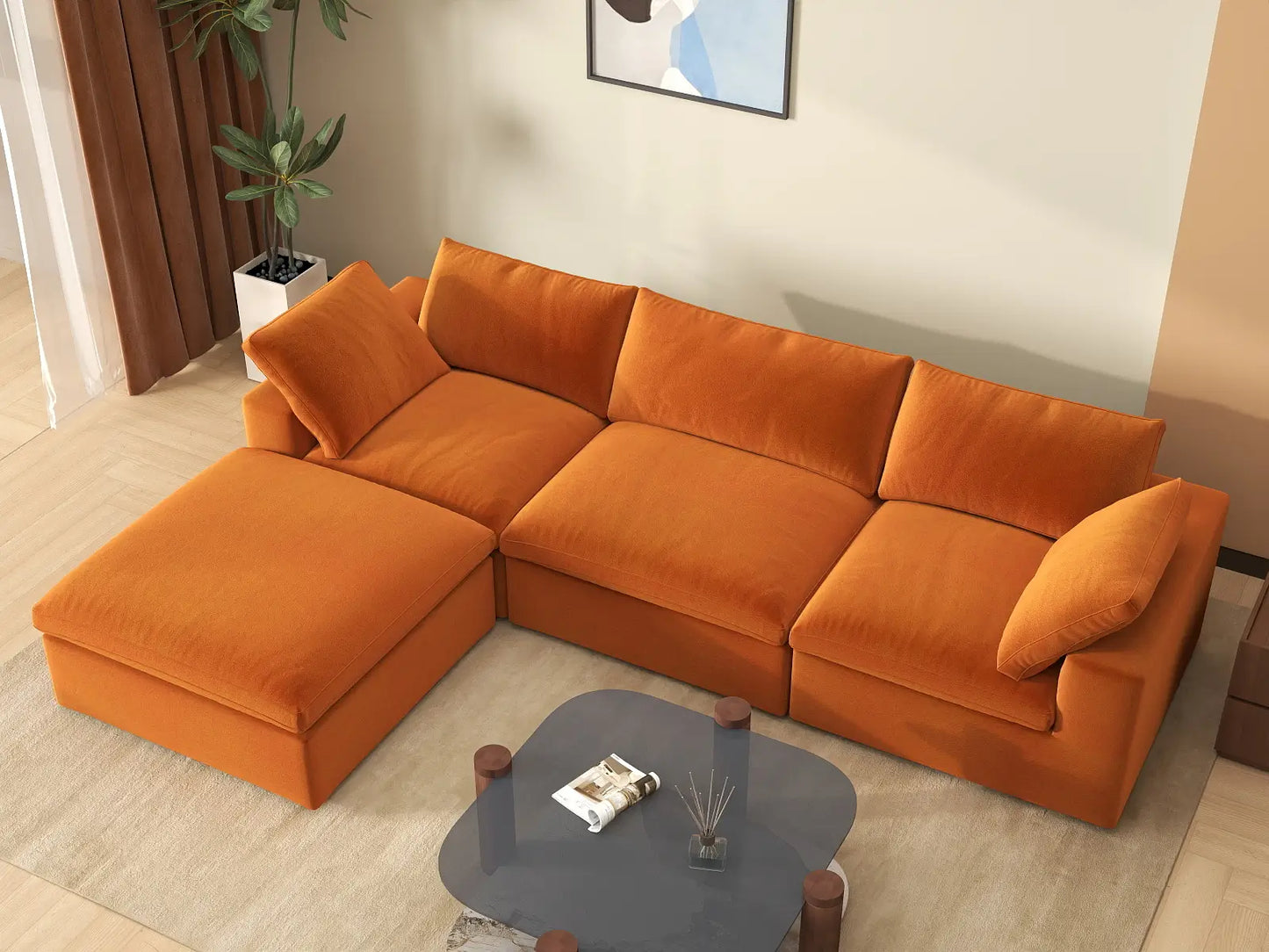 Deluxe Cloud 3-Seater Sofa Set in Terracotta Velvet | 4-Piece (Includes 1 Ottoman), Easy To Clean, Modular Design