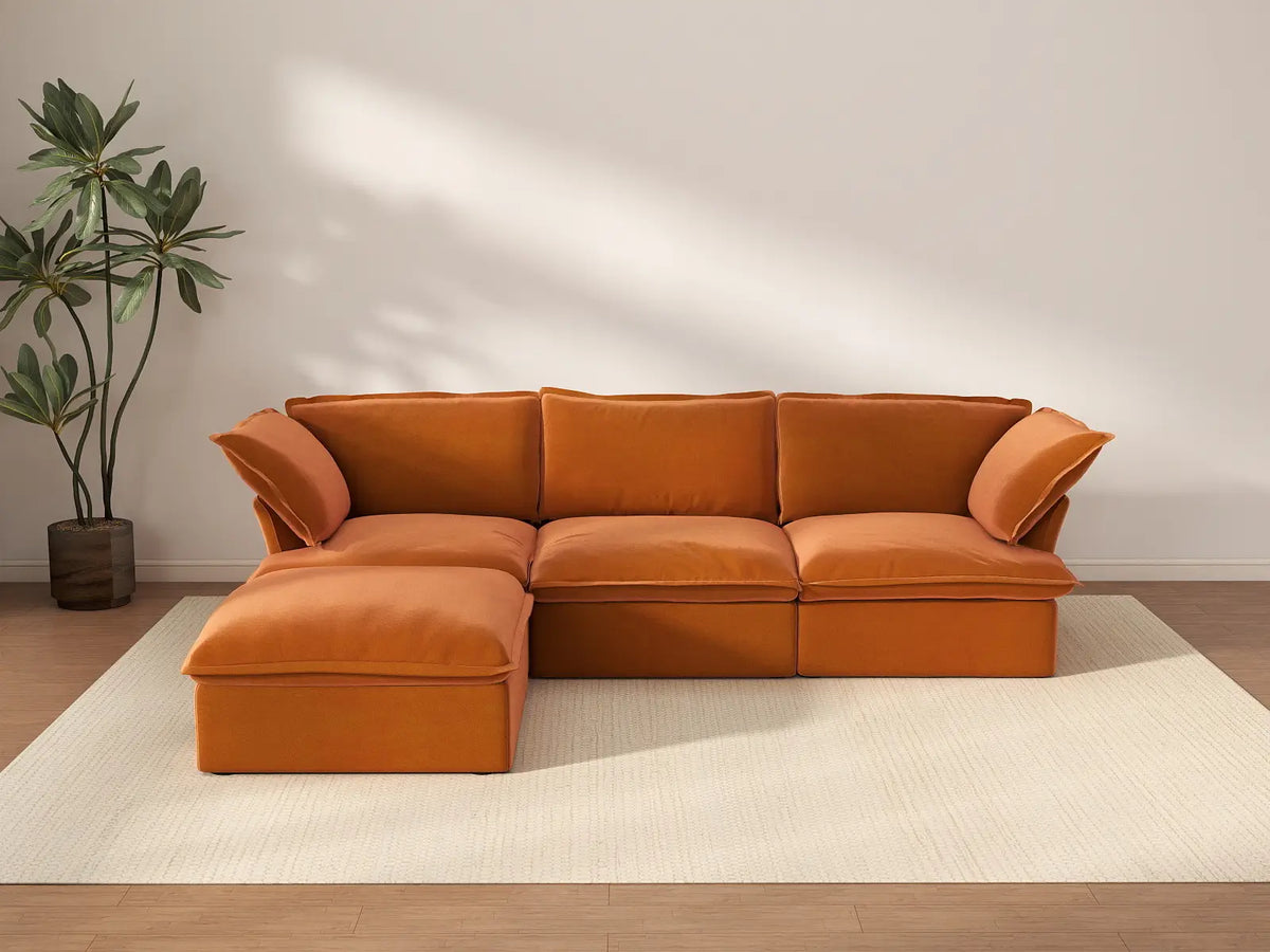 Deluxe Cloud 3-Seater Storage L-Shaped Sectional | 4-Piece (includes 1 ottoman), Velvet Fabric, Washable Covers