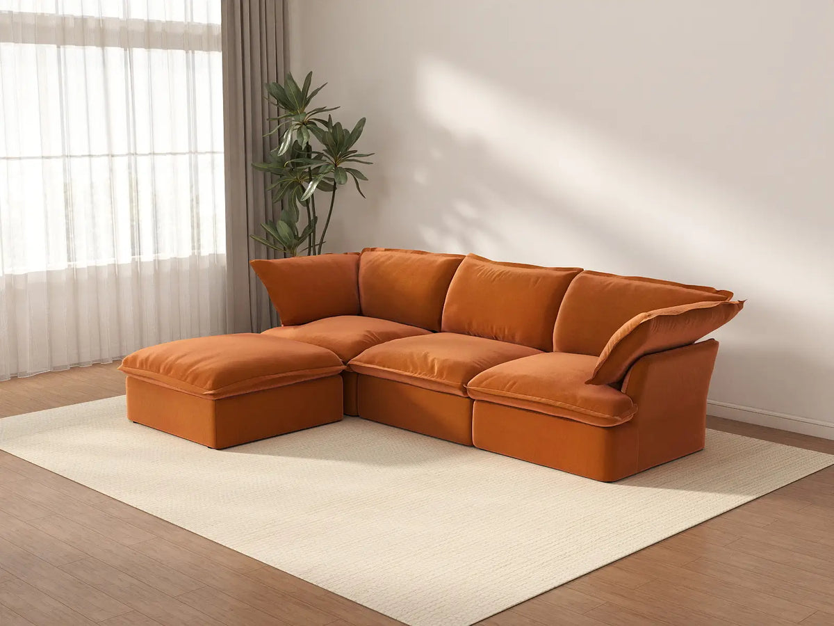 Deluxe Cloud 3-Seater Storage L-Shaped Sectional | 4-Piece (includes 1 ottoman), Velvet Fabric, Washable Covers