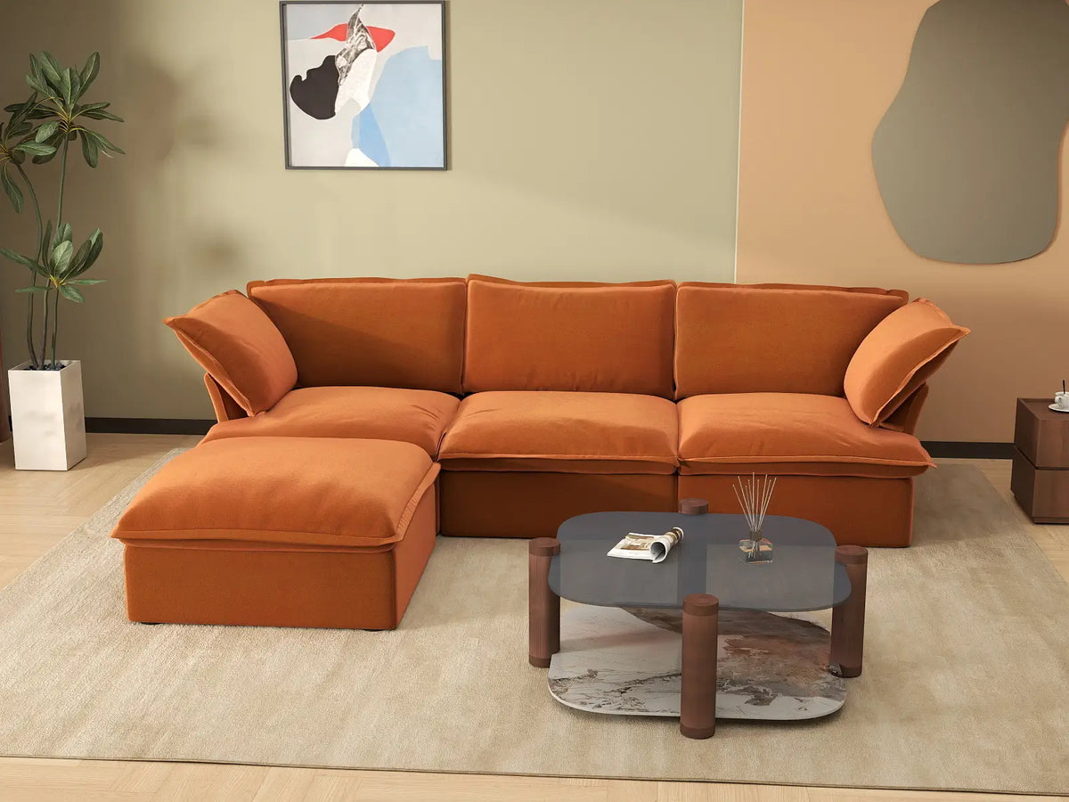 Deluxe Cloud 3-Seater Storage L-Shaped Sectional | 4-Piece (includes 1 ottoman), Velvet Fabric, Washable Covers