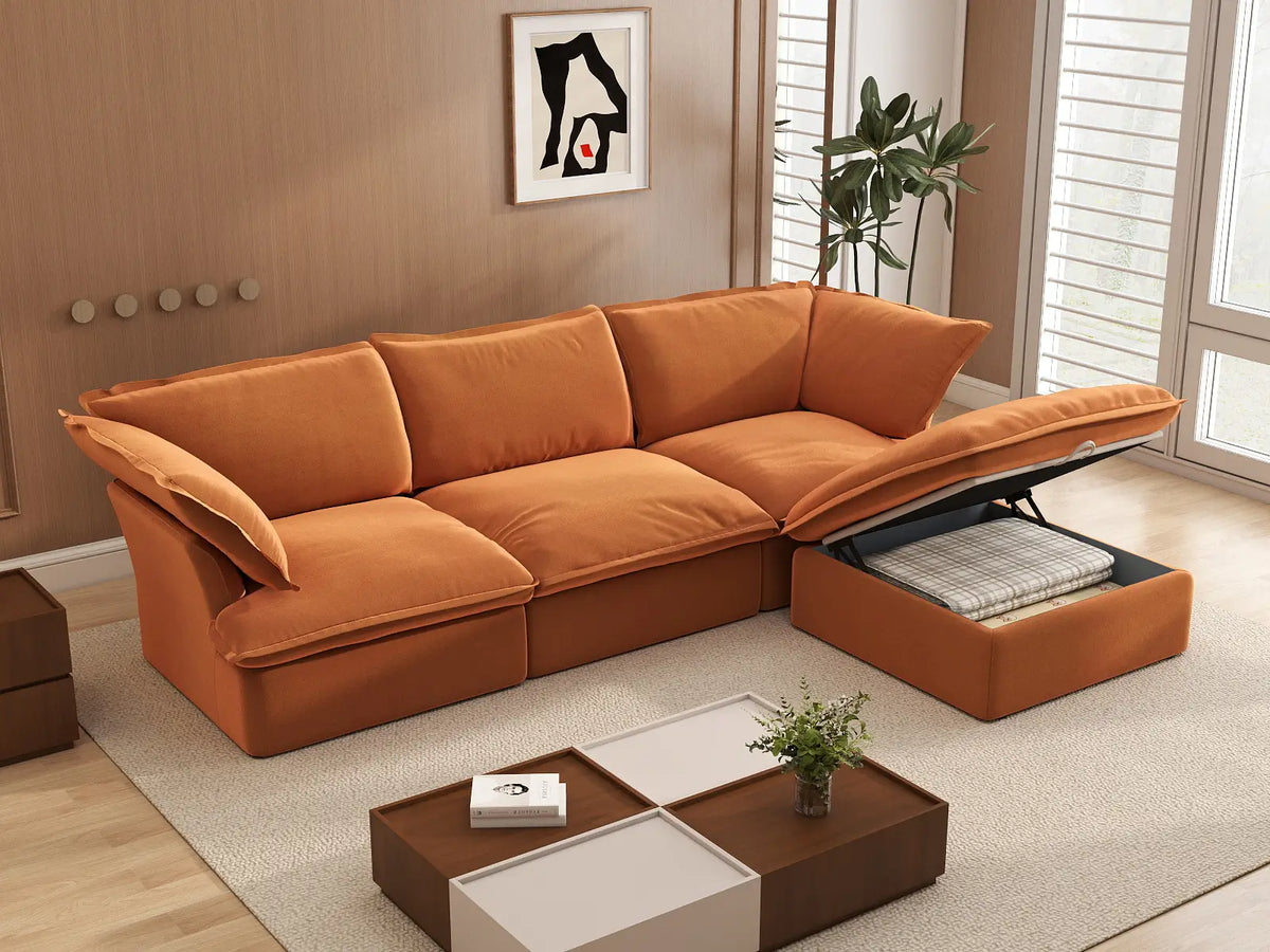 Deluxe Cloud 3-Seater Storage L-Shaped Sectional | 4-Piece (includes 1 ottoman), Velvet Fabric, Washable Covers